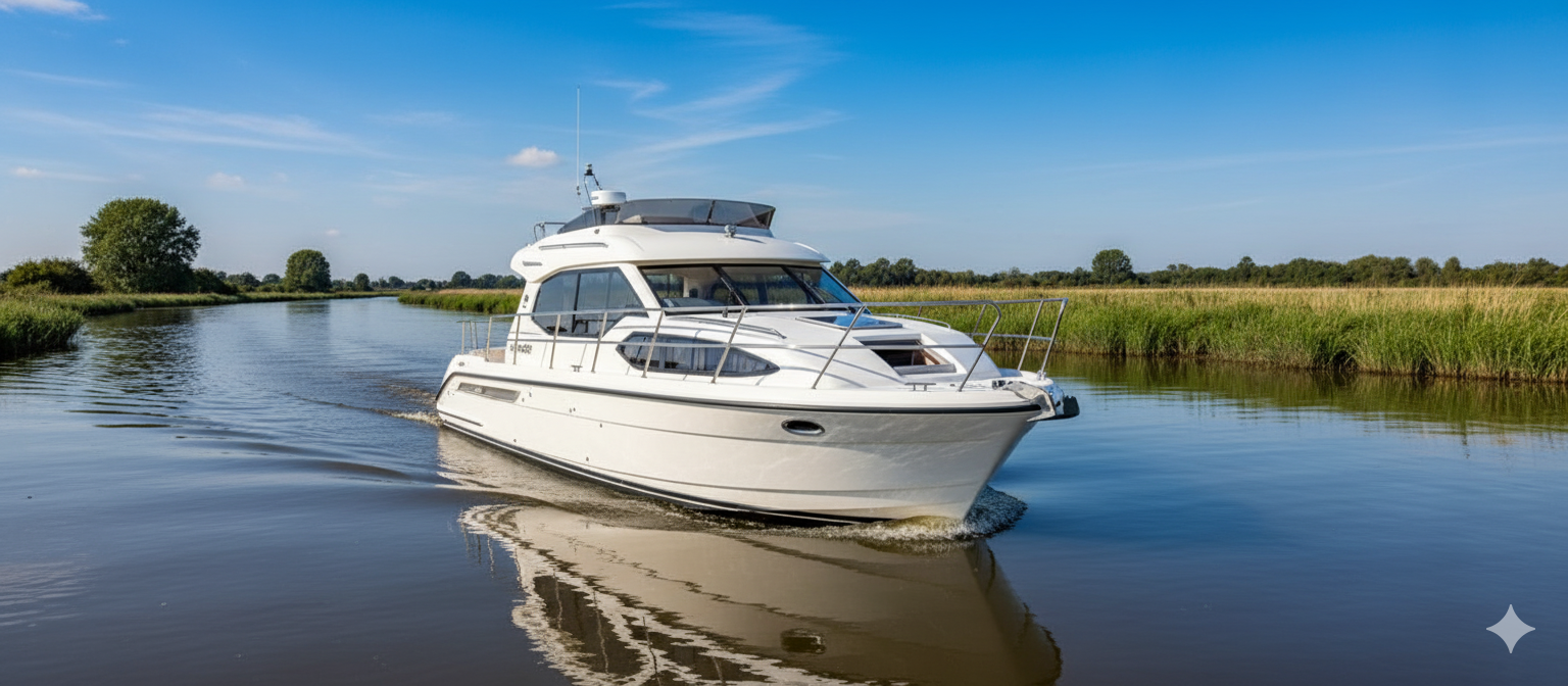 Modern white cream 4-6 berth motor cruiser cruising on calm Norfolk Broads water with reed banks visible and blue sky