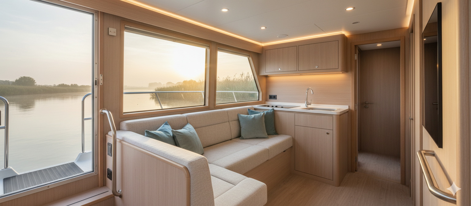 Cozy modern Norfolk Broads cruiser interior with comfortable cream seating, wooden kitchenette, and natural light through large windows