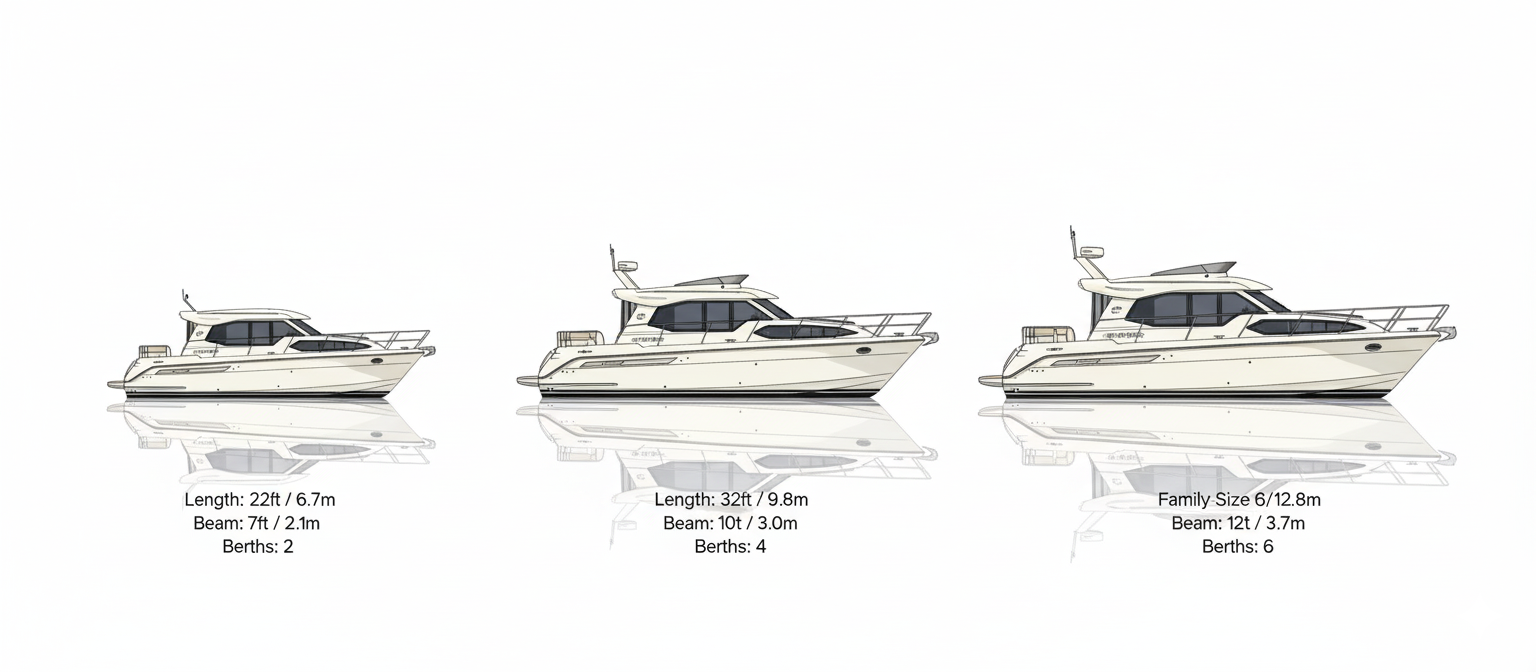 Side-by-side comparison showing scale of 2-berth, 4-berth and 6-berth Norfolk Broads boats with technical specifications for size selection