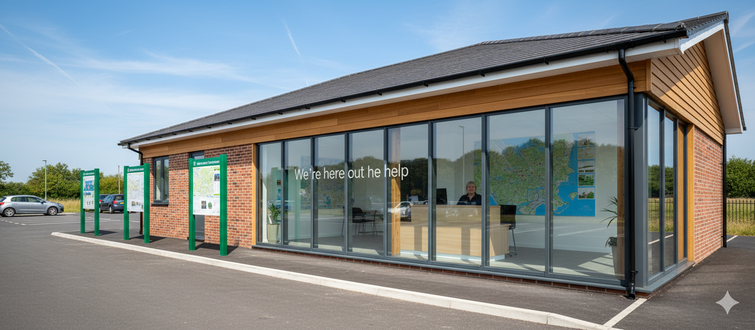 Welcoming image of Norfolk Broads boat hire office with friendly staff visible, approachable professional human-focused imagery showing customer service emphasis