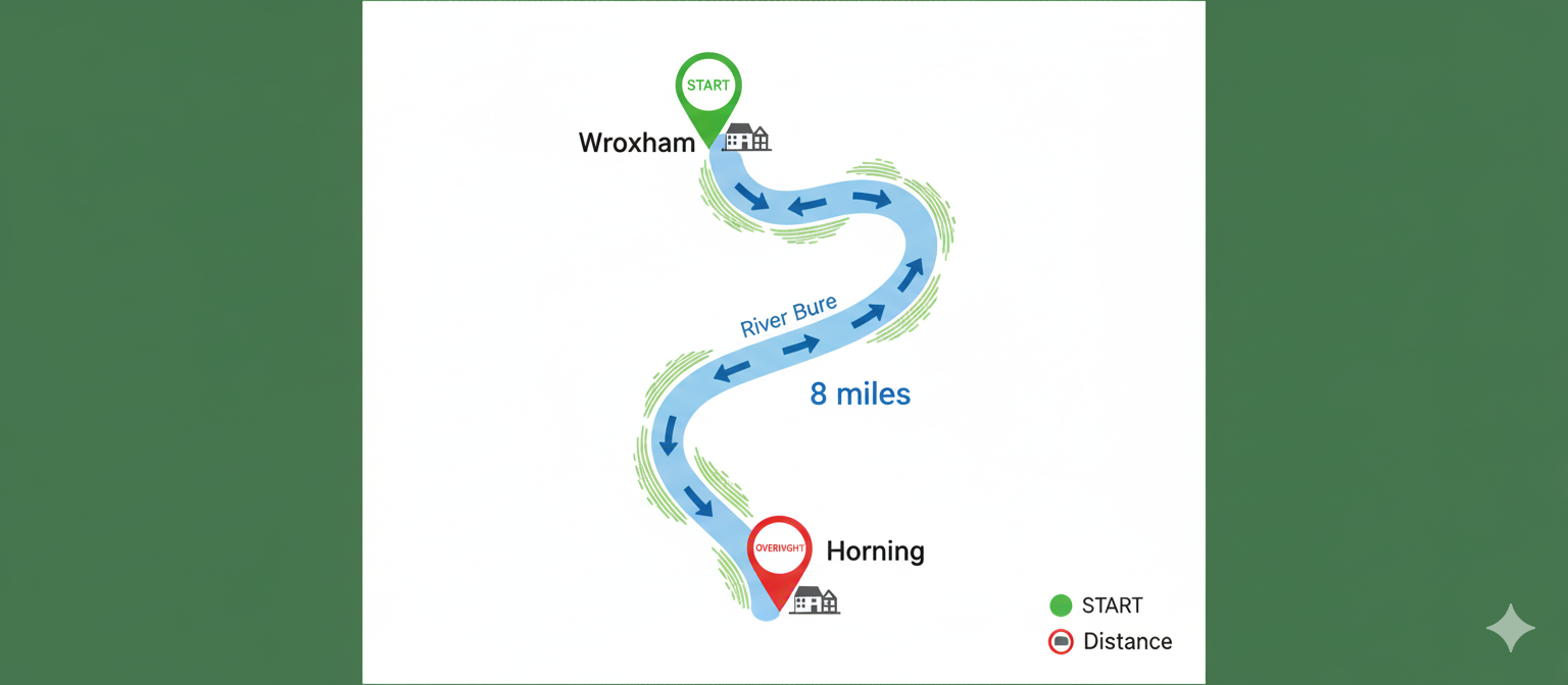 Illustrated route map showing Day 1 boat journey from Wroxham to Horning via River Bure, 8 miles distance marked with directional arrows