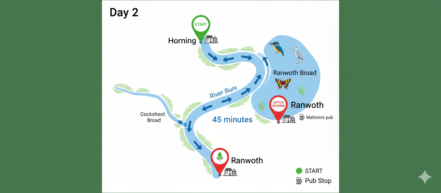 Illustrated route map showing Day 2 boat journey from Horning to Ranworth Broad via River Bure with wildlife icons and nature reserve highlights marked