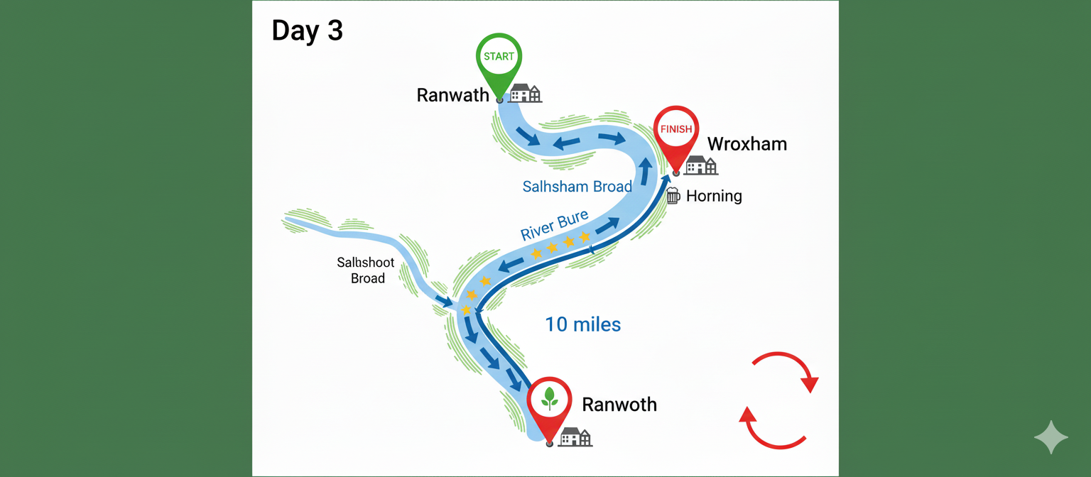 Illustrated route map showing Day 3 return circular journey from Ranworth to Wroxham via alternative scenic path through Wroxham Broad, completing 3-day boat trip