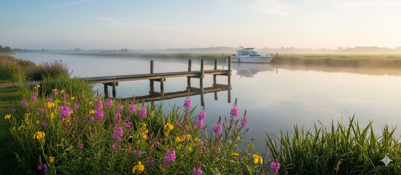 Peaceful early morning boat mooring area in Norfolk Broads with wildflowers along the bank, wooden jetty extending into calm reflective water, single boat tied up creating sense of tranquility
