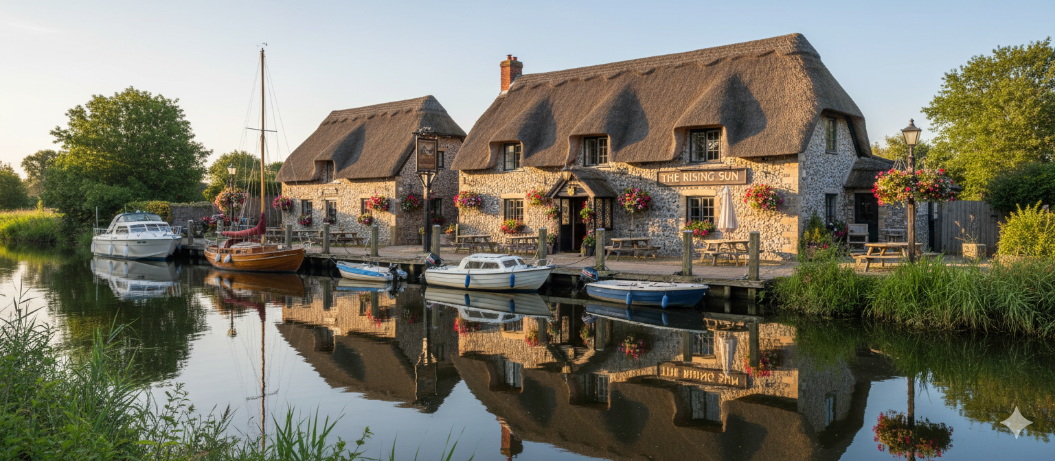 Traditional Norfolk thatched-roof pub beside Broads waterway with boats moored outside, summer afternoon golden hour lighting, welcoming atmosphere