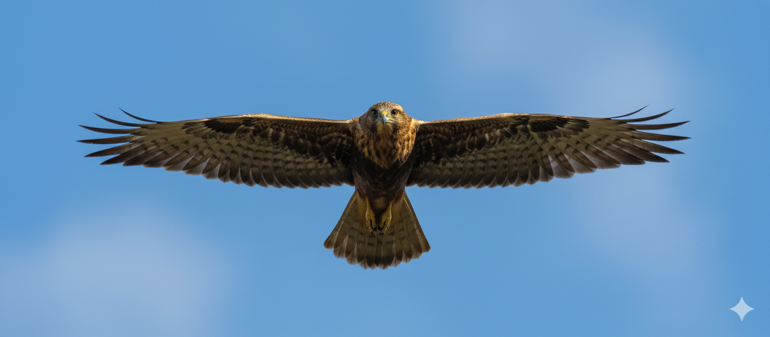 Western Marsh Harrier in flight displaying distinctive V-shaped wing profile with 1.2m wingspan visible against blue sky background