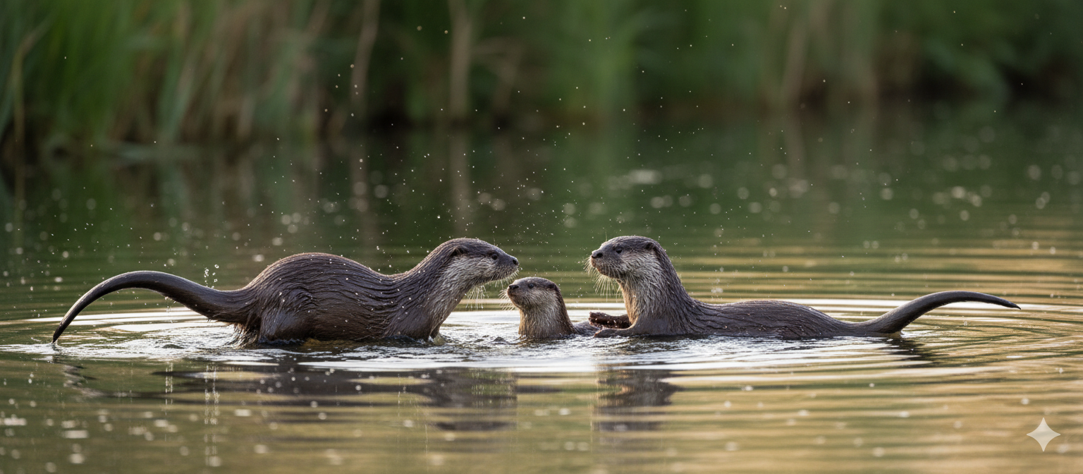 European otter family with two adults and cub playfully swimming in Norfolk Broads waterway with ripples visible and reed bed habitat in background