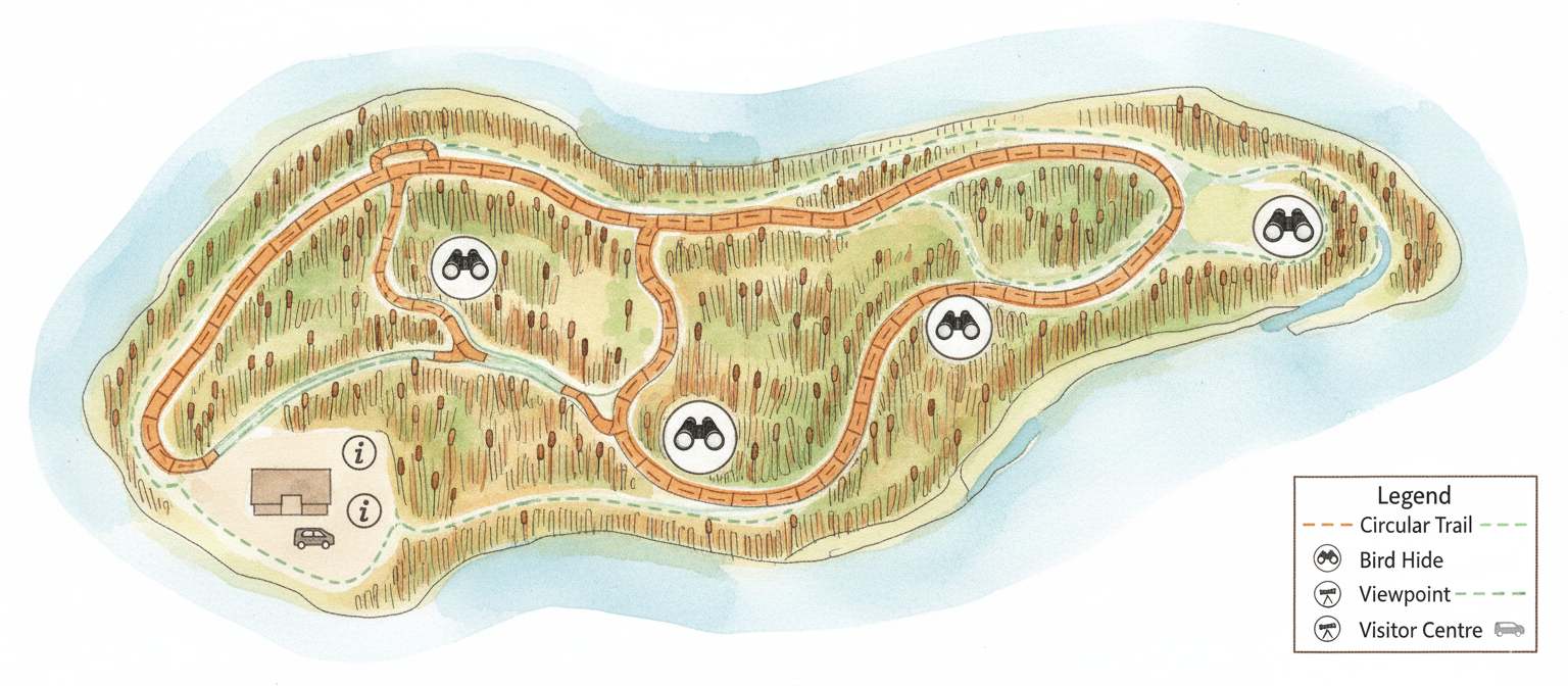 Hand-drawn illustrated walking trail map of Norfolk Broads nature reserve showing boardwalk paths, bird hides marked with binocular icons, viewing platforms, and legend for visitor wayfinding